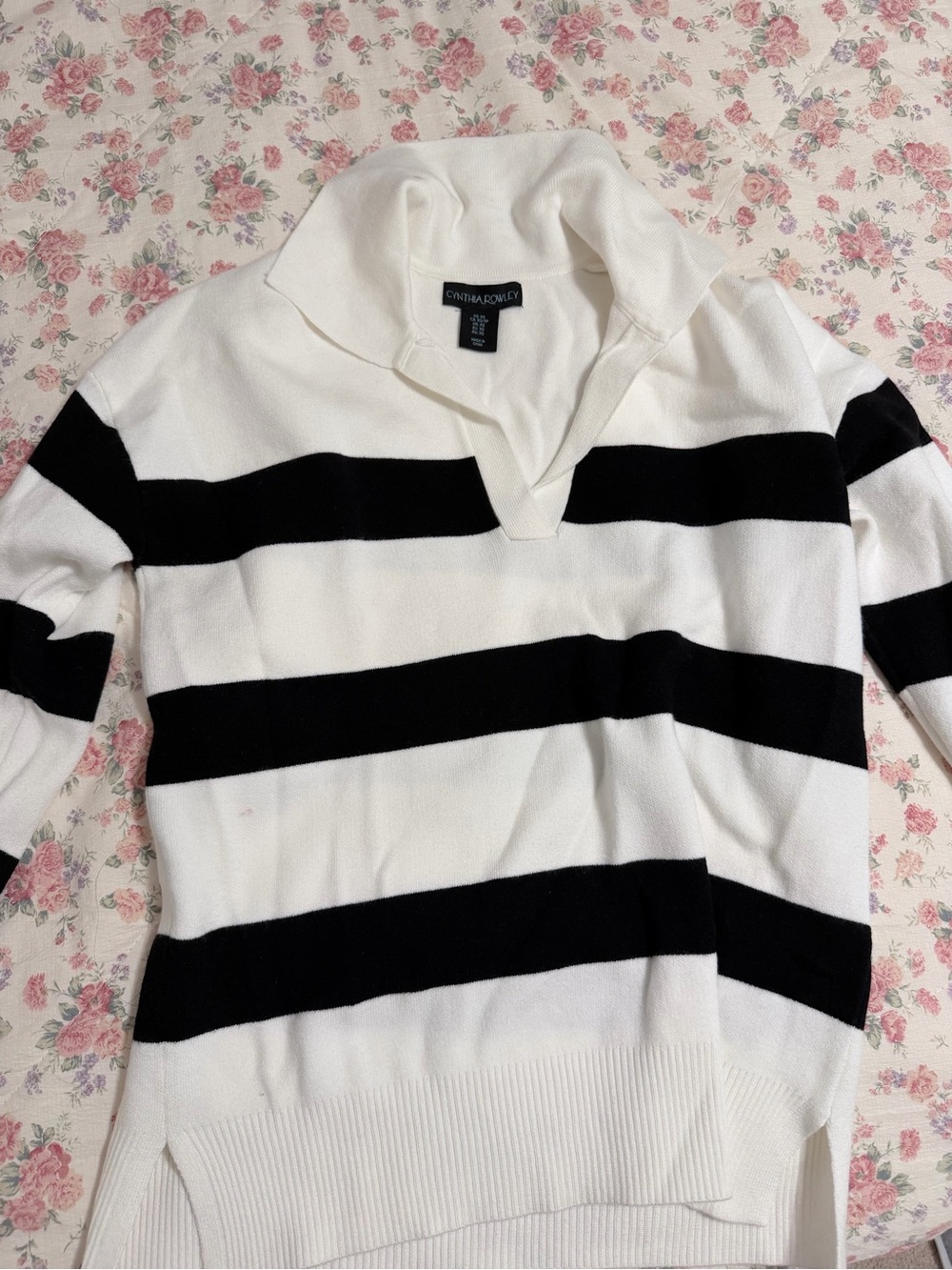 Cynthia Rowley Black and White Striped V‑Neck Polo Sweater